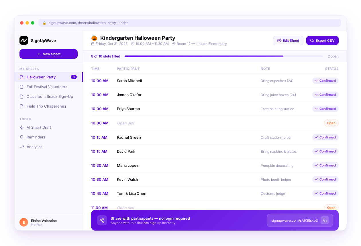 SignUpWave dashboard showing a sign-up sheet with participants and open slots